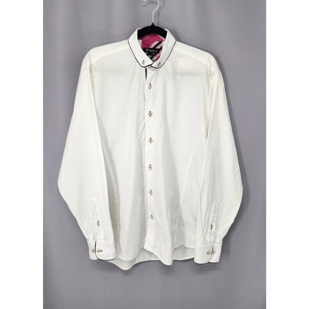 Maceoo Dress Shirt Mens Large White Long Sleeve Contrast Trim Plaid Cuffs Detail